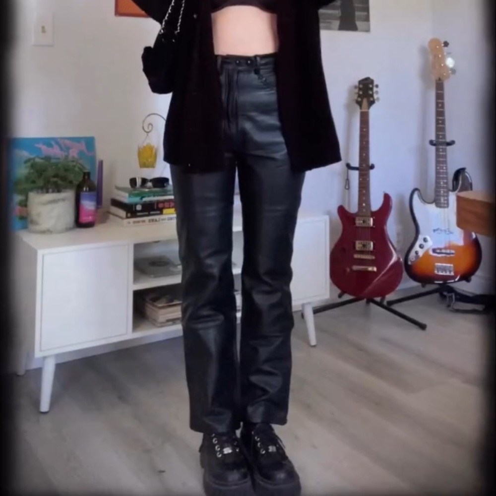 100% genuine leather vintage straight leg pants